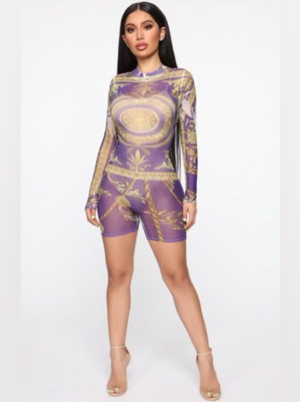 PURPLE/WHITE/GOLD CHAIN PRINT ROMPER *DAMAGED*